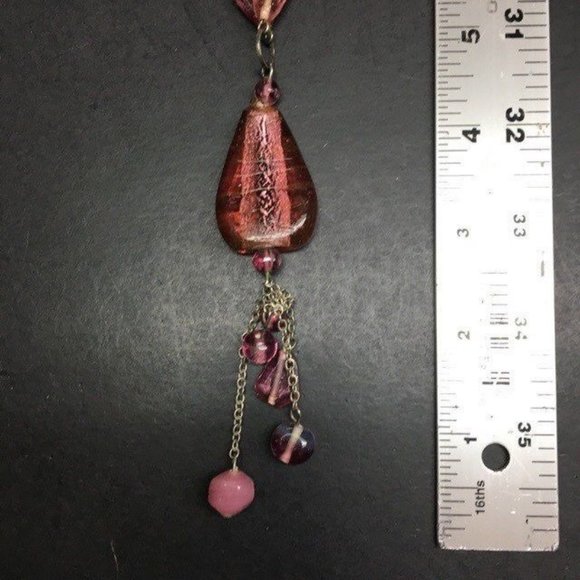 Glass Y Drop Necklace Pink Pendant Iridescent Silver Chain Dangles Twisted Rope - Picture 7 of 9
